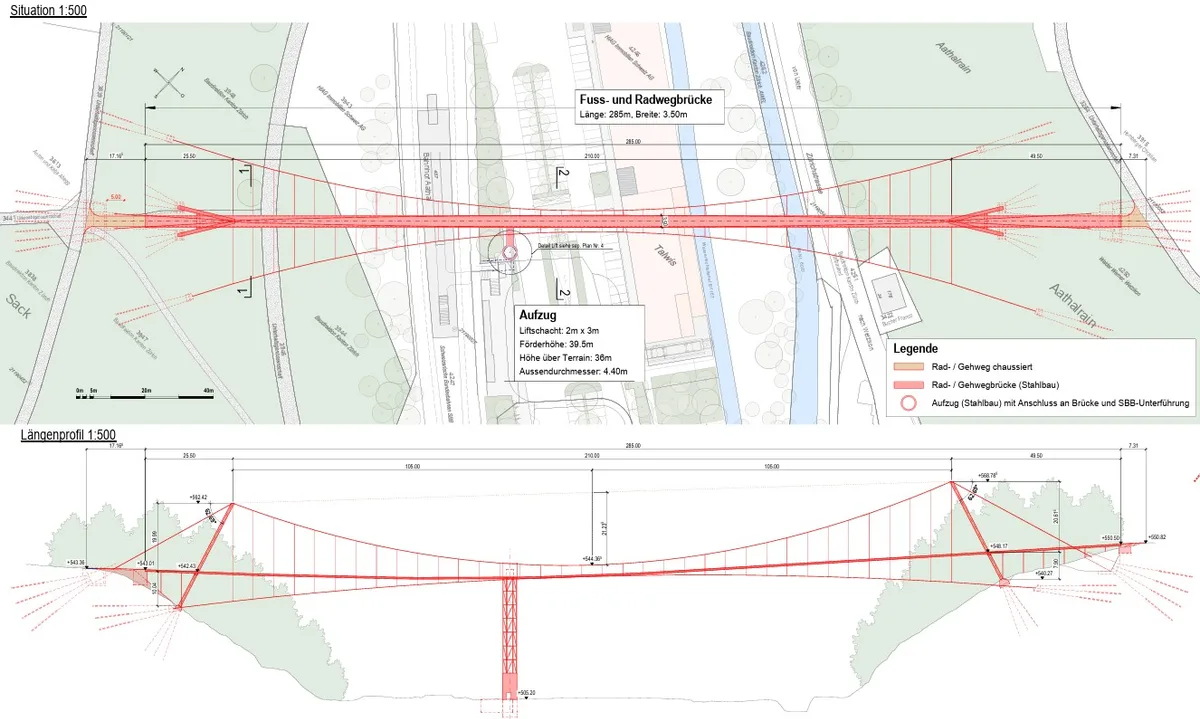 Pläne für die Fussgänger- und Velobrücke über das Aatal.